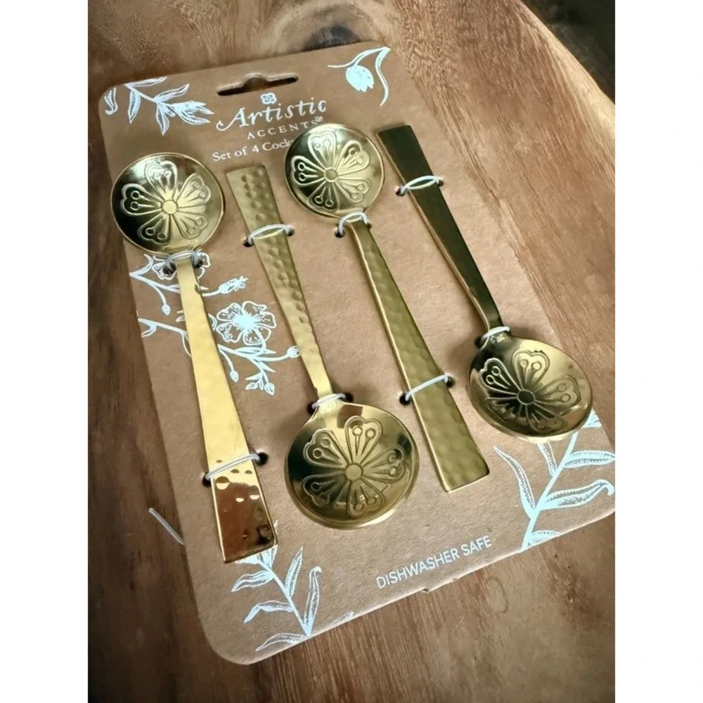 Artistic Accents Gold Cocktail Spoons Set of 4 Floral Hammered Metal Barware NWT